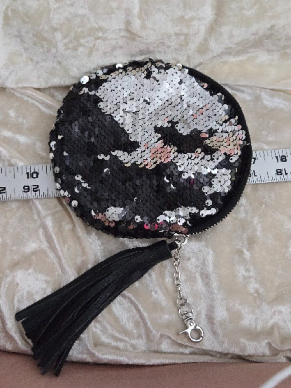Reversible Sequin Round Coin Purse Keychain Black Silver Tassel Pouch